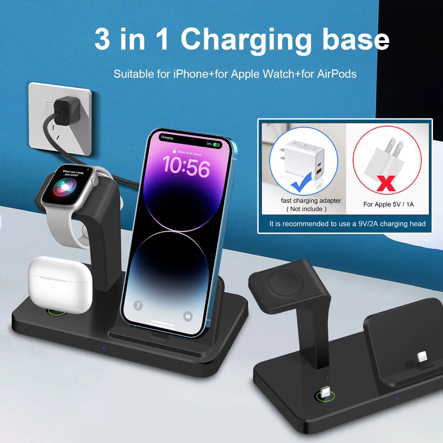 Charging Station 3 in 1 for Apple Multiple Devices Fast Wireless Charger Stand Dock for iPhone 15 14 13 12 11 Pro X XR Airpods 3