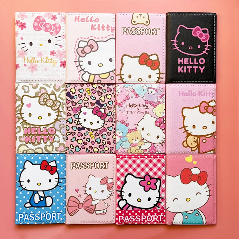 Lovely Hello Kitty Passport Cover Credit Card Holder Women Sanrio PU Leather Business Card Bag Ladies Passport Holder Gift