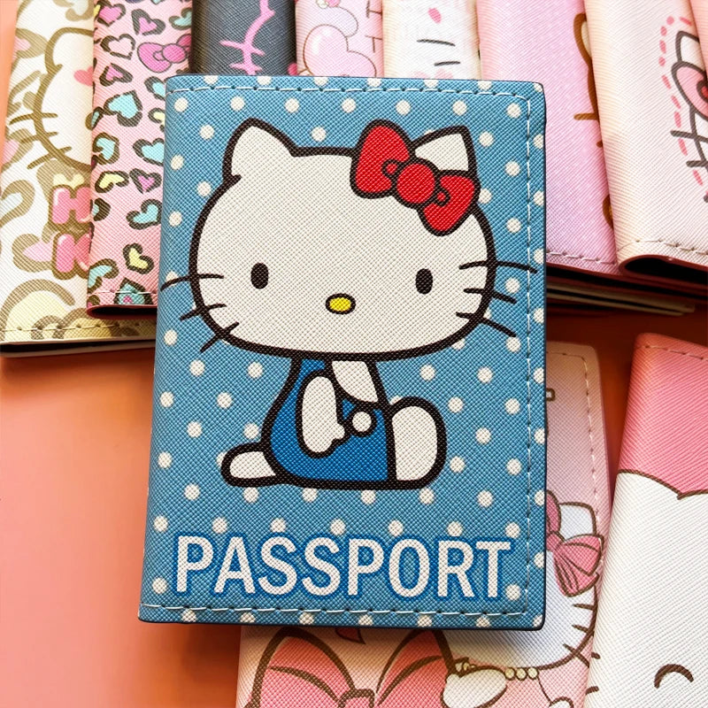 Lovely Hello Kitty Passport Cover Credit Card Holder Women Sanrio PU Leather Business Card Bag Ladies Passport Holder Gift