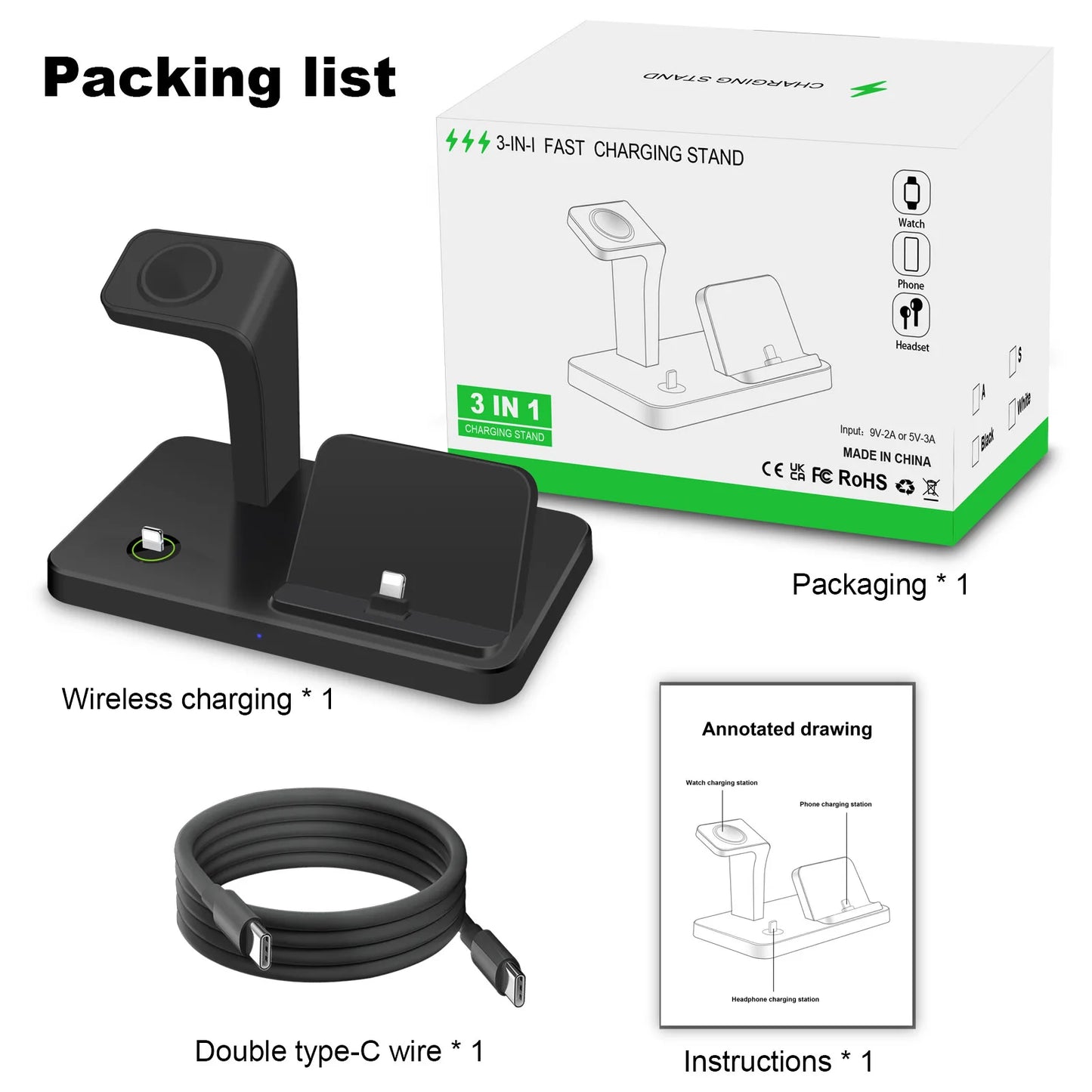 Charging Station 3 in 1 for Apple Multiple Devices Fast Wireless Charger Stand Dock for iPhone 15 14 13 12 11 Pro X XR Airpods 3