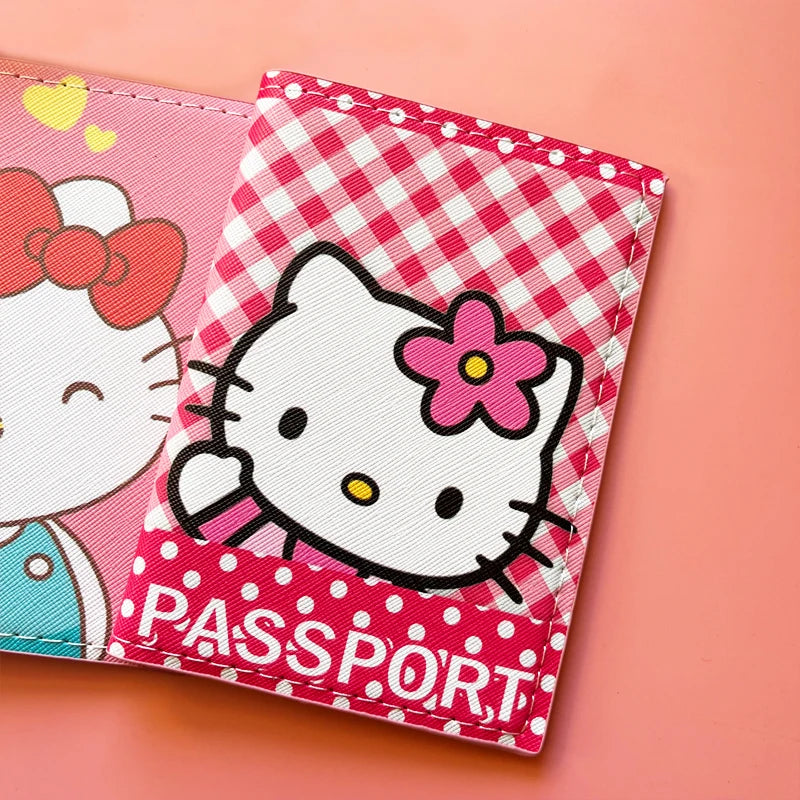 Lovely Hello Kitty Passport Cover Credit Card Holder Women Sanrio PU Leather Business Card Bag Ladies Passport Holder Gift