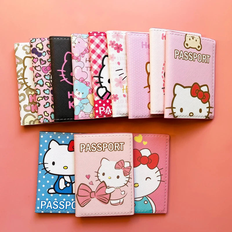 Lovely Hello Kitty Passport Cover Credit Card Holder Women Sanrio PU Leather Business Card Bag Ladies Passport Holder Gift