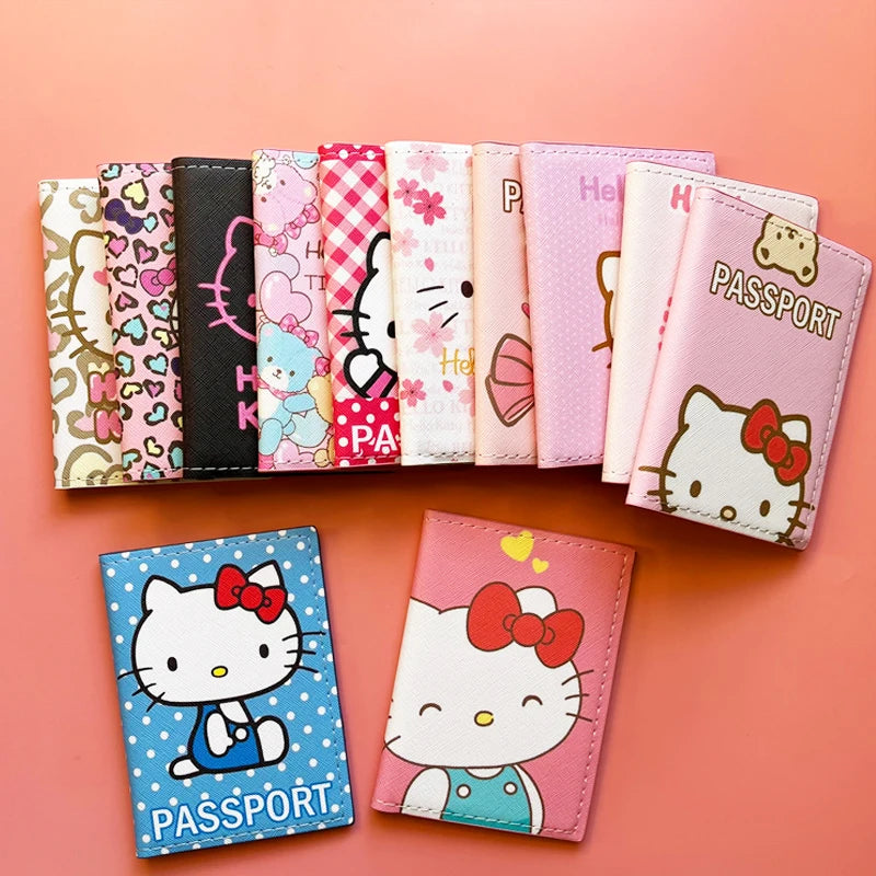 Lovely Hello Kitty Passport Cover Credit Card Holder Women Sanrio PU Leather Business Card Bag Ladies Passport Holder Gift