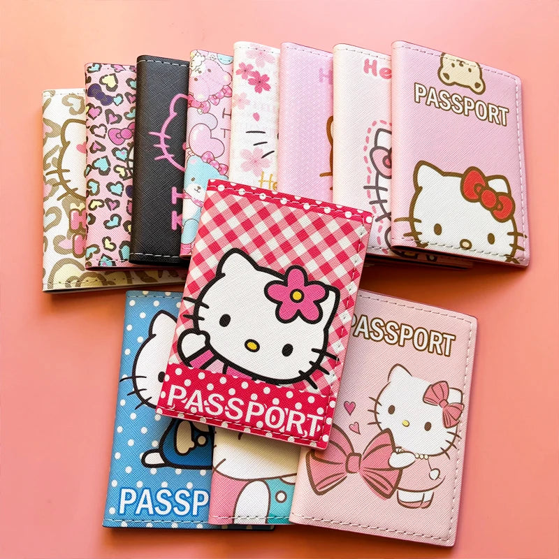 Lovely Hello Kitty Passport Cover Credit Card Holder Women Sanrio PU Leather Business Card Bag Ladies Passport Holder Gift